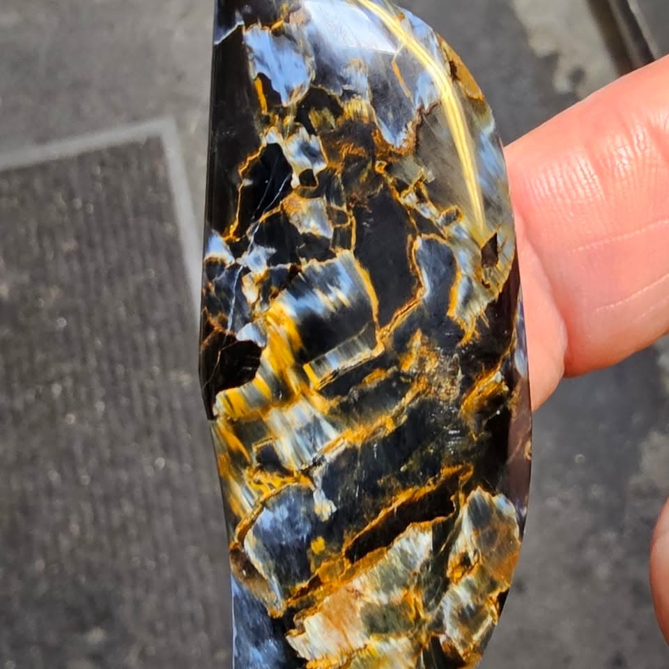 A polished tiger-iron specimen, black and gold banding, held in hand